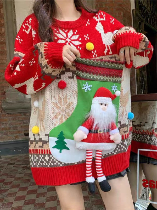 Blue Zone Planet | New Santa Sock Pocket New Fawn Knitted Sweater-[Adult]-[Female]-Red-FREESIZE-2022 Online Blue Zone Planet