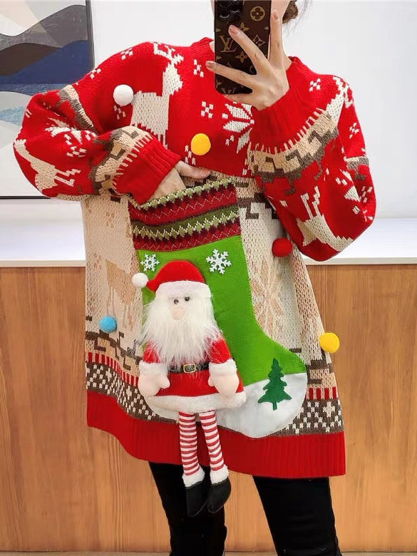 Blue Zone Planet | New Santa Sock Pocket New Fawn Knitted Sweater-[Adult]-[Female]-Red-FREESIZE-2022 Online Blue Zone Planet
