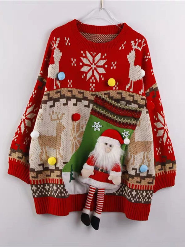 Blue Zone Planet | New Santa Sock Pocket New Fawn Knitted Sweater-[Adult]-[Female]-Red-FREESIZE-2022 Online Blue Zone Planet