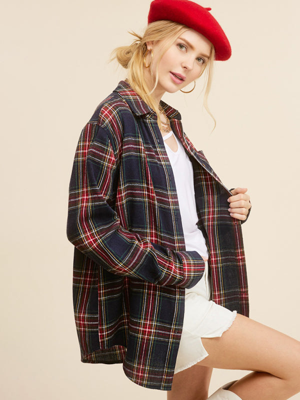 Christmas Fashion Lapel Pocket Single Breasted Plaid Shirt-[Adult]-[Female]-Yellow-S-2022 Online Blue Zone Planet