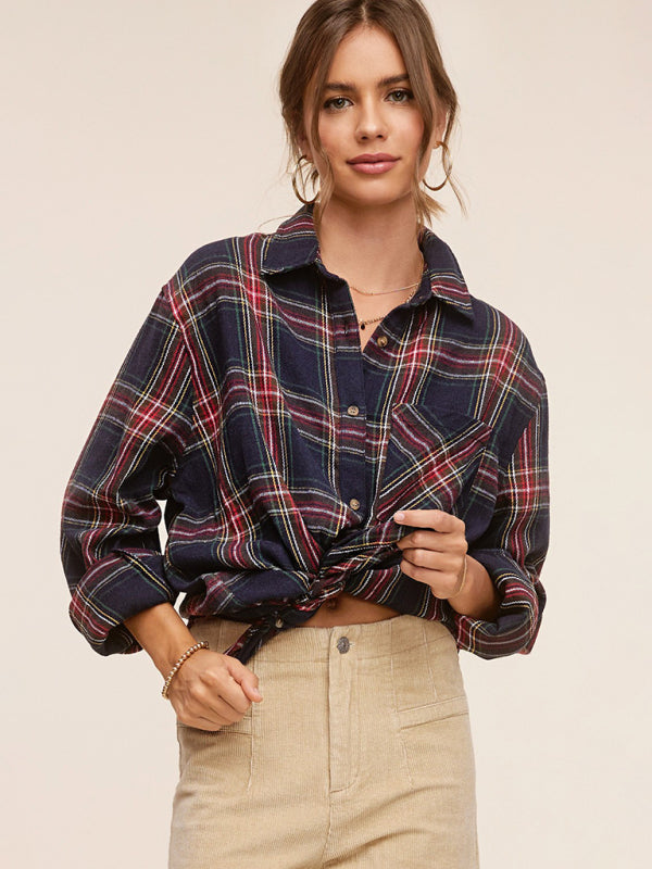 Christmas Fashion Lapel Pocket Single Breasted Plaid Shirt-[Adult]-[Female]-Black-S-2022 Online Blue Zone Planet