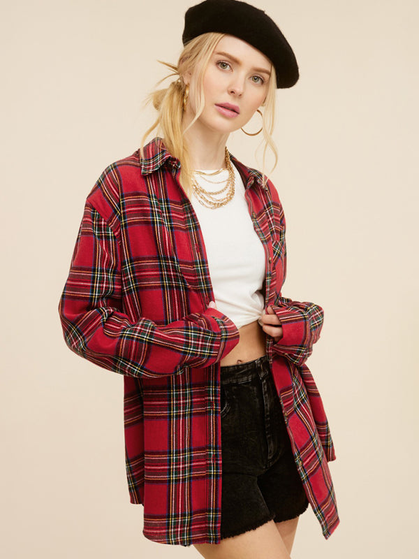 Christmas Fashion Lapel Pocket Single Breasted Plaid Shirt-[Adult]-[Female]-2022 Online Blue Zone Planet