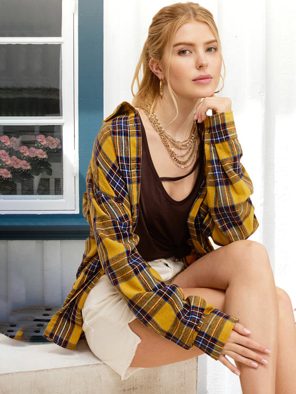 Christmas Fashion Lapel Pocket Single Breasted Plaid Shirt-[Adult]-[Female]-2022 Online Blue Zone Planet