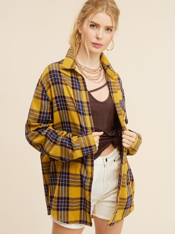 Christmas Fashion Lapel Pocket Single Breasted Plaid Shirt-[Adult]-[Female]-2022 Online Blue Zone Planet