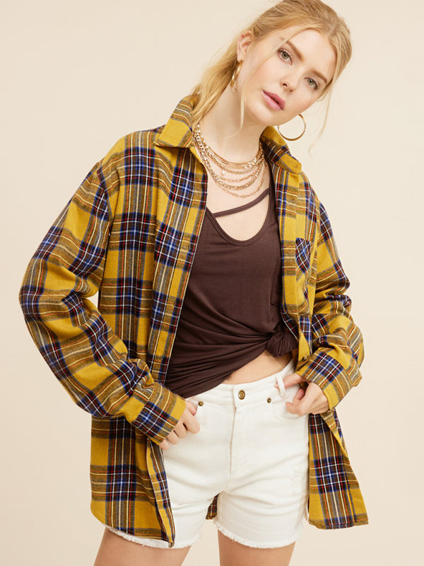 Christmas Fashion Lapel Pocket Single Breasted Plaid Shirt-[Adult]-[Female]-2022 Online Blue Zone Planet