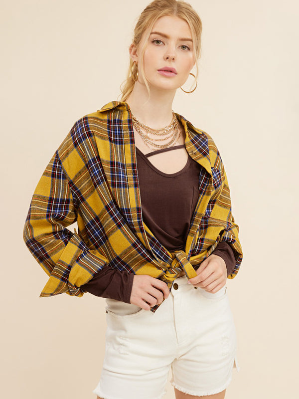 Christmas Fashion Lapel Pocket Single Breasted Plaid Shirt-[Adult]-[Female]-2022 Online Blue Zone Planet