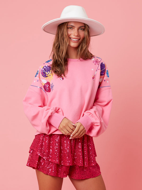 Blue Zone Planet | New able Christmas sequined round neck pullover loose sweatshirt-TOPS / DRESSES-[Adult]-[Female]-Pink-S-2022 Online Blue Zone Planet