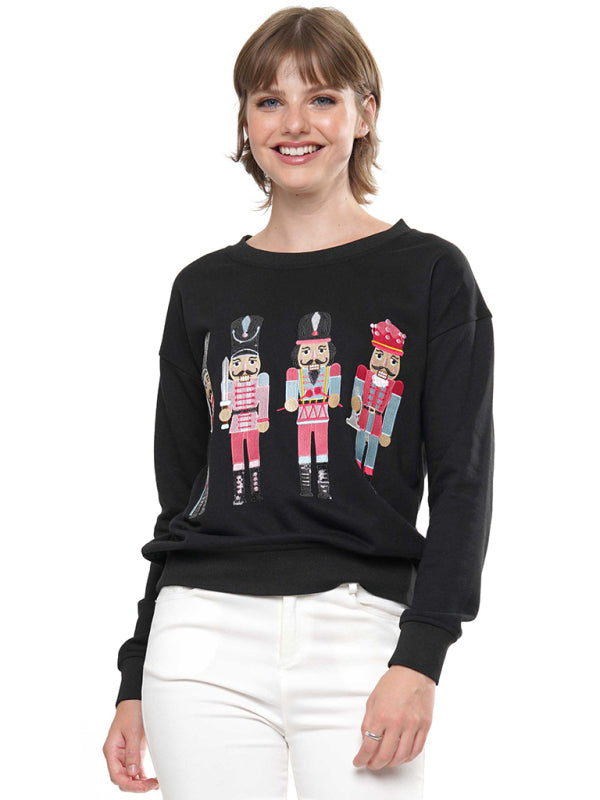 Blue Zone Planet | Women's Christmas element top round neck pullover embroidered sequined sweatshirt-TOPS / DRESSES-[Adult]-[Female]-Black-S-2022 Online Blue Zone Planet