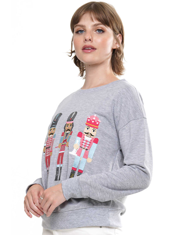 Blue Zone Planet | Women's Christmas element top round neck pullover embroidered sequined sweatshirt-TOPS / DRESSES-[Adult]-[Female]-2022 Online Blue Zone Planet