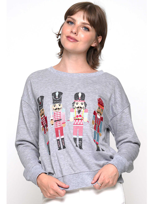 Blue Zone Planet | Women's Christmas element top round neck pullover embroidered sequined sweatshirt-TOPS / DRESSES-[Adult]-[Female]-Grey-S-2022 Online Blue Zone Planet