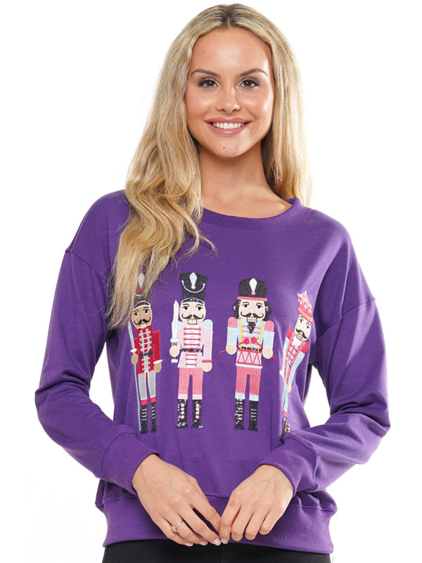 Blue Zone Planet | Women's Christmas element top round neck pullover embroidered sequined sweatshirt-TOPS / DRESSES-[Adult]-[Female]-Purple-S-2022 Online Blue Zone Planet