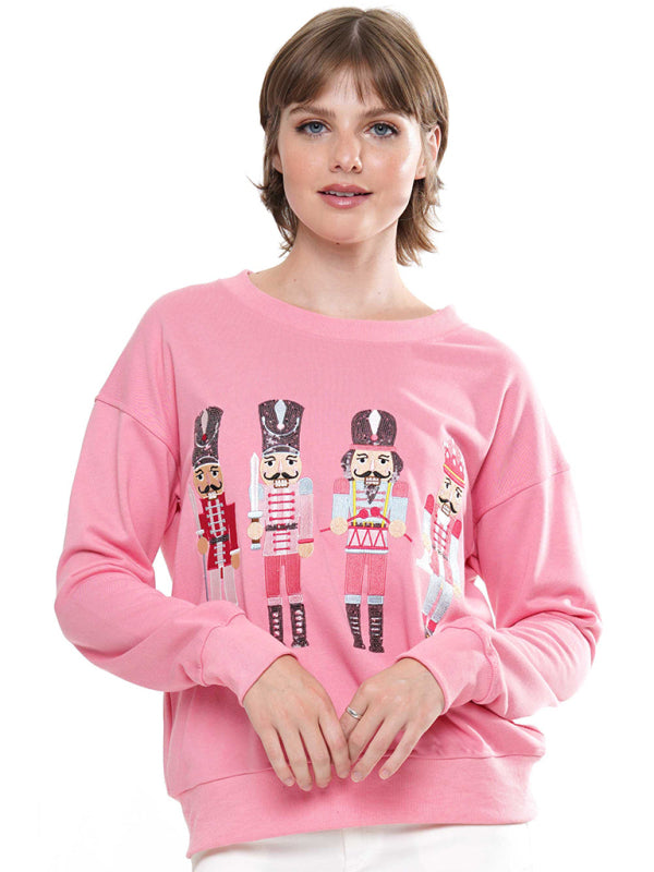 Blue Zone Planet | Women's Christmas element top round neck pullover embroidered sequined sweatshirt-TOPS / DRESSES-[Adult]-[Female]-Pink-S-2022 Online Blue Zone Planet