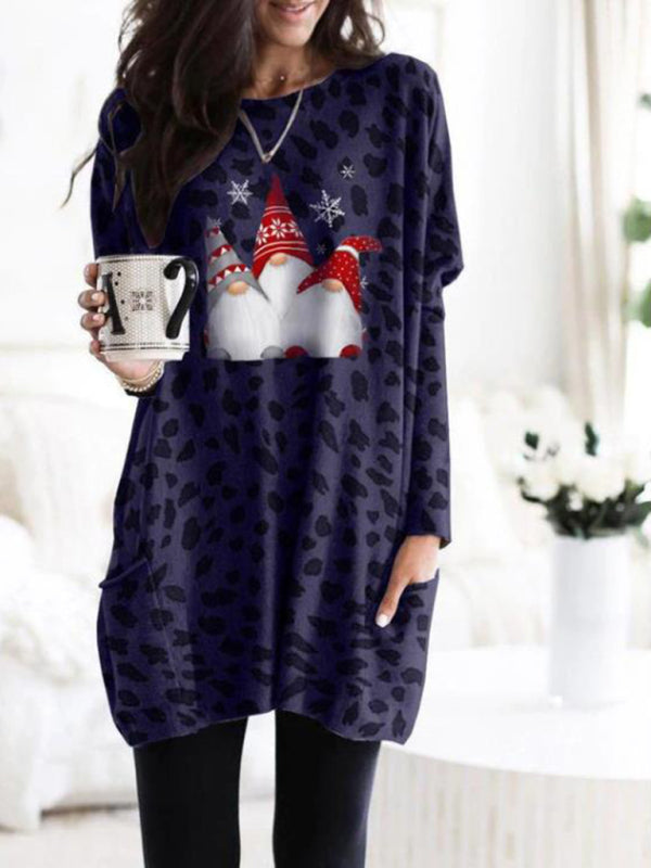 Blue Zone Planet | New Long Sleeve Pocket Leopard Christmas Print Dress-TOPS / DRESSES-[Adult]-[Female]-Dark blue-S-2022 Online Blue Zone Planet