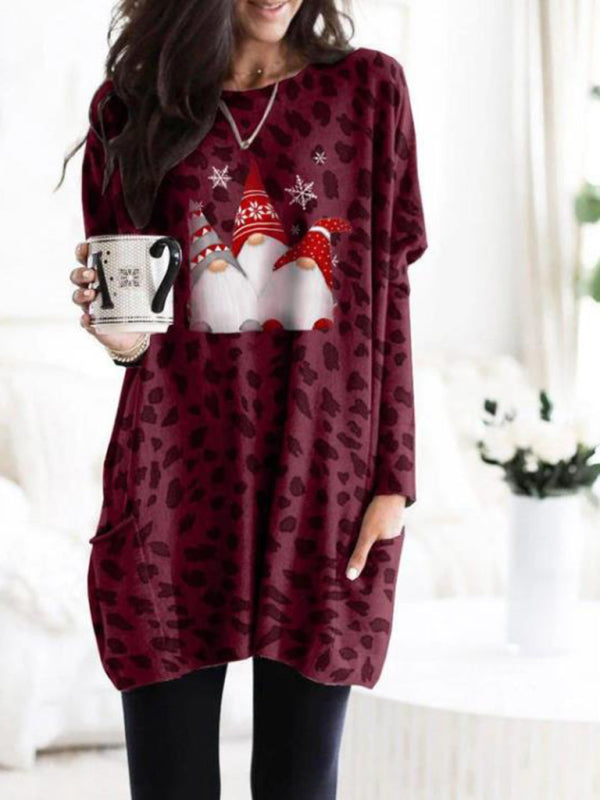 Blue Zone Planet | New Long Sleeve Pocket Leopard Christmas Print Dress-TOPS / DRESSES-[Adult]-[Female]-Purplish red-S-2022 Online Blue Zone Planet