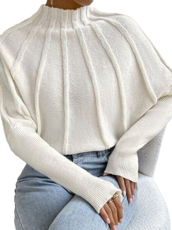 Half turtleneck solid color versatile knitted pullover bat sleeve sweater-[Adult]-[Female]-2022 Online Blue Zone Planet