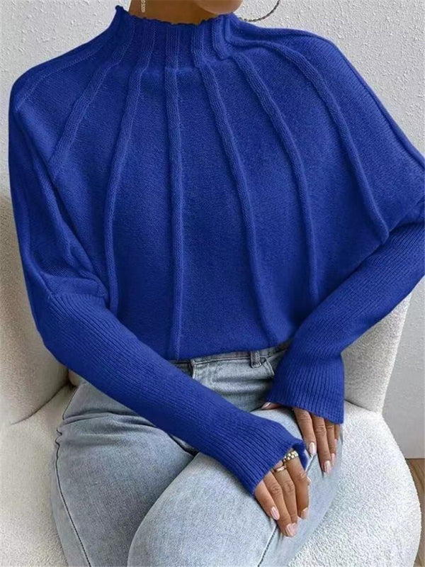 Half turtleneck solid color versatile knitted pullover bat sleeve sweater-[Adult]-[Female]-2022 Online Blue Zone Planet