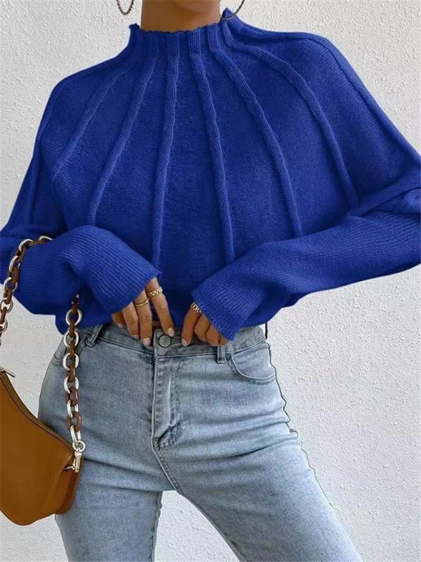 Half turtleneck solid color versatile knitted pullover bat sleeve sweater-[Adult]-[Female]-Blue-S-2022 Online Blue Zone Planet