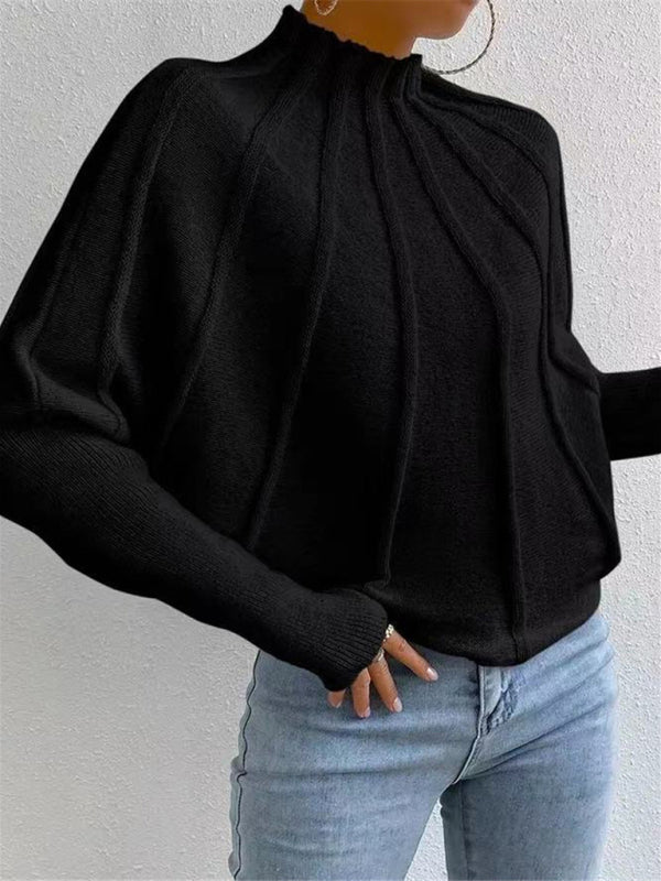 Half turtleneck solid color versatile knitted pullover bat sleeve sweater-[Adult]-[Female]-2022 Online Blue Zone Planet