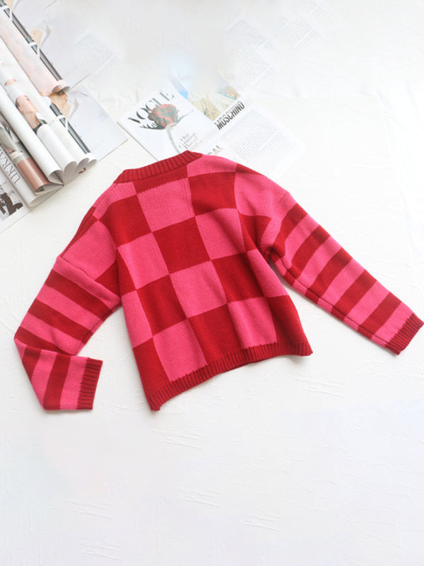 Blue Zone Planet | loose retro hottie rose red checkerboard love long-sleeved knitted sweater-TOPS / DRESSES-[Adult]-[Female]-2022 Online Blue Zone Planet