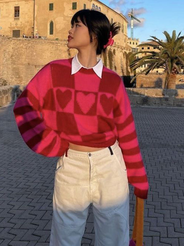 Blue Zone Planet | loose retro hottie rose red checkerboard love long-sleeved knitted sweater-TOPS / DRESSES-[Adult]-[Female]-Rose-S-2022 Online Blue Zone Planet