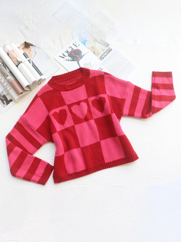 Blue Zone Planet | loose retro hottie rose red checkerboard love long-sleeved knitted sweater-TOPS / DRESSES-[Adult]-[Female]-2022 Online Blue Zone Planet