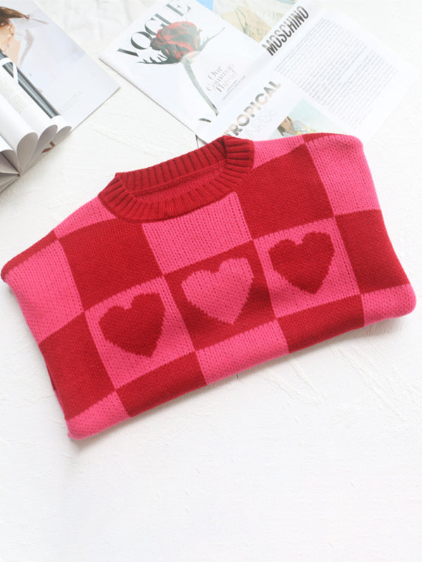 Blue Zone Planet | loose retro hottie rose red checkerboard love long-sleeved knitted sweater-TOPS / DRESSES-[Adult]-[Female]-2022 Online Blue Zone Planet