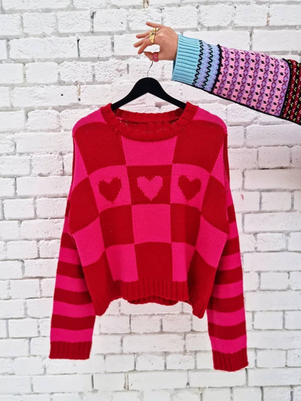 Blue Zone Planet | loose retro hottie rose red checkerboard love long-sleeved knitted sweater-TOPS / DRESSES-[Adult]-[Female]-2022 Online Blue Zone Planet