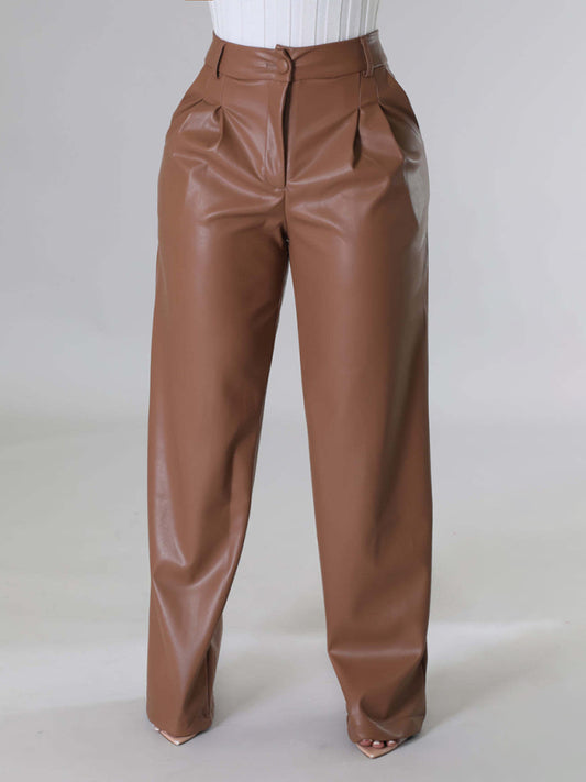 Blue Zone Planet | PU women's loose wide-leg pocket casual leather pants-[Adult]-[Female]-Brown-S-2022 Online Blue Zone Planet