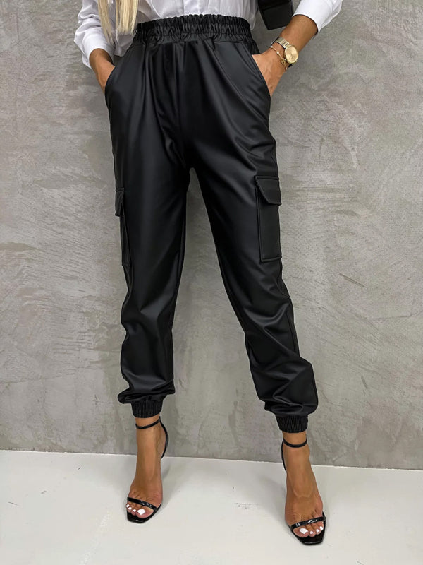 Blue Zone Planet |  Pocket straight leg elastic waist leather trousers BLUE ZONE PLANET