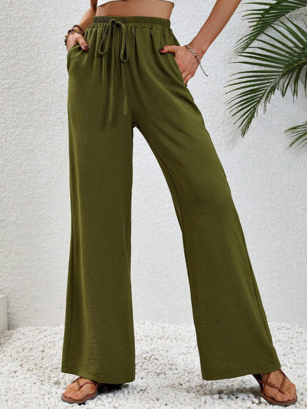 Blue Zone Planet | Comfortable casual wide leg pants with elastic waist-[Adult]-[Female]-Olive green-S-2022 Online Blue Zone Planet