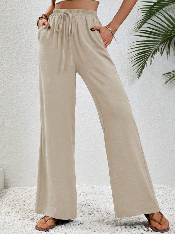 Blue Zone Planet | Comfortable casual wide leg pants with elastic waist-[Adult]-[Female]-Cream-S-2022 Online Blue Zone Planet