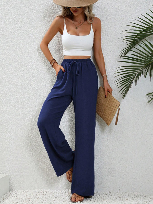 Blue Zone Planet | Comfortable casual wide leg pants with elastic waist-[Adult]-[Female]-2022 Online Blue Zone Planet