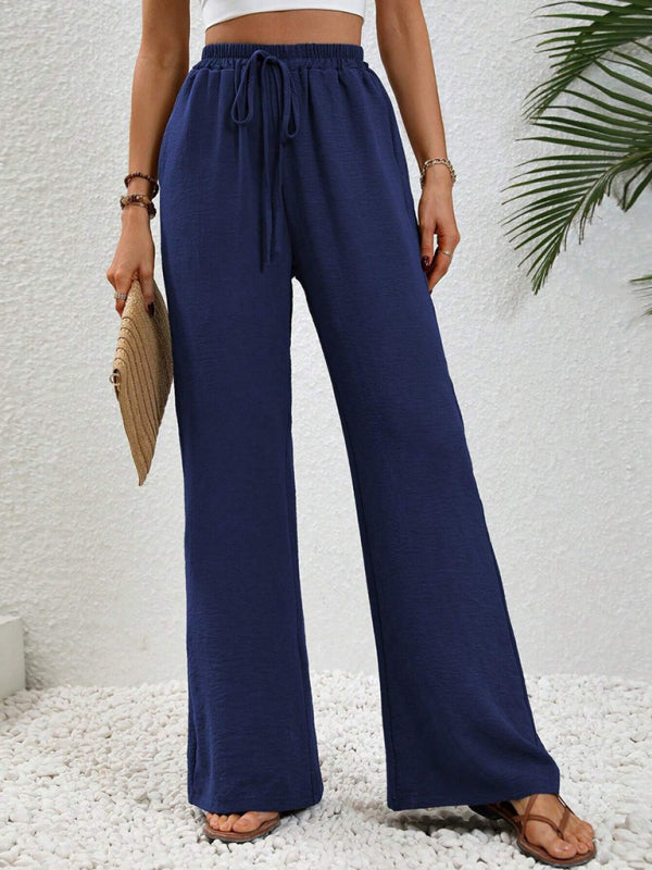 Blue Zone Planet | Comfortable casual wide leg pants with elastic waist-[Adult]-[Female]-Purplish blue navy-S-2022 Online Blue Zone Planet