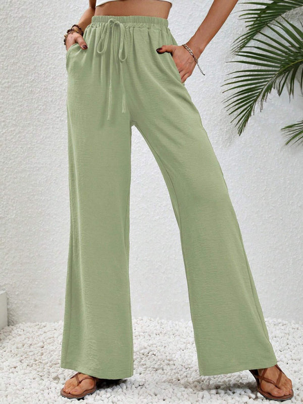 Blue Zone Planet | Comfortable casual wide leg pants with elastic waist-[Adult]-[Female]-Green-S-2022 Online Blue Zone Planet