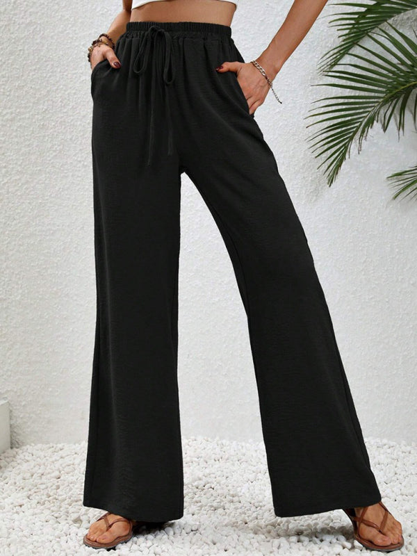 Blue Zone Planet | Comfortable casual wide leg pants with elastic waist-[Adult]-[Female]-Pitch-black-S-2022 Online Blue Zone Planet