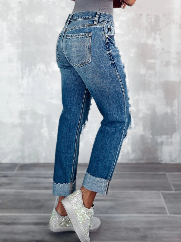 high waist ripped straight leg street style long jeans-[Adult]-[Female]-2022 Online Blue Zone Planet