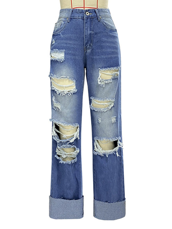 high waist ripped straight leg street style long jeans-[Adult]-[Female]-2022 Online Blue Zone Planet