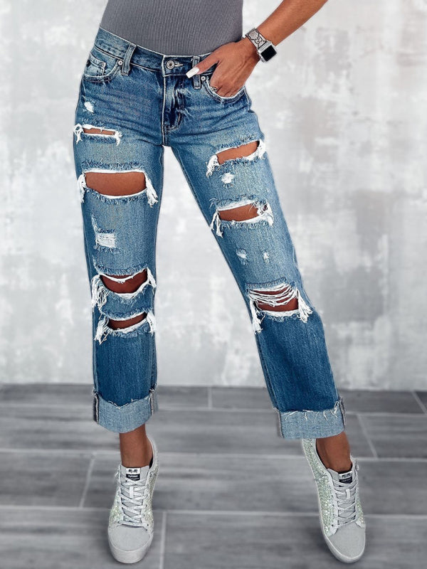 high waist ripped straight leg street style long jeans-[Adult]-[Female]-Blue-S-2022 Online Blue Zone Planet