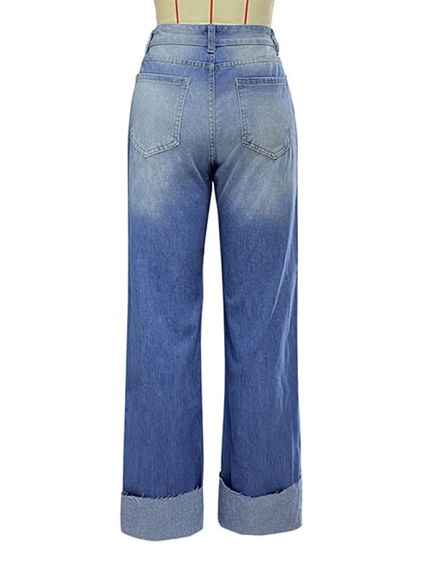 high waist ripped straight leg street style long jeans-[Adult]-[Female]-2022 Online Blue Zone Planet