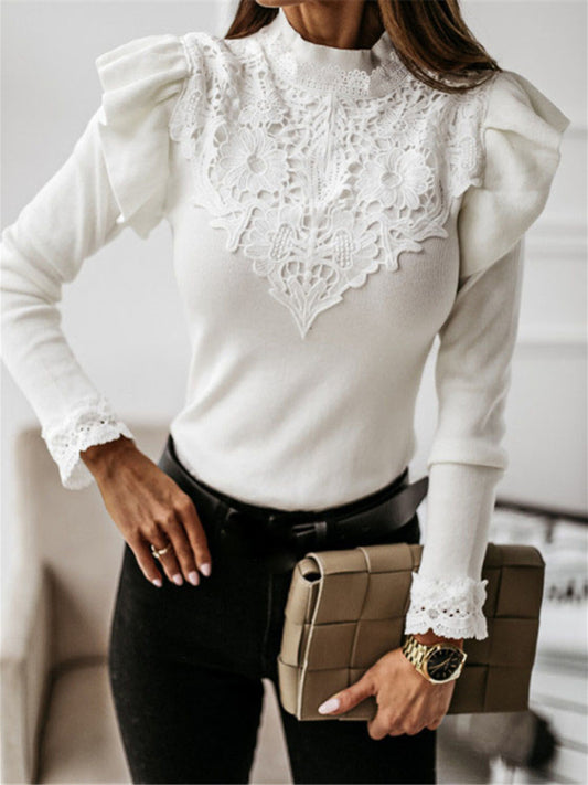 long sleeve round neck lace bottoming knitted top BLUE ZONE PLANET