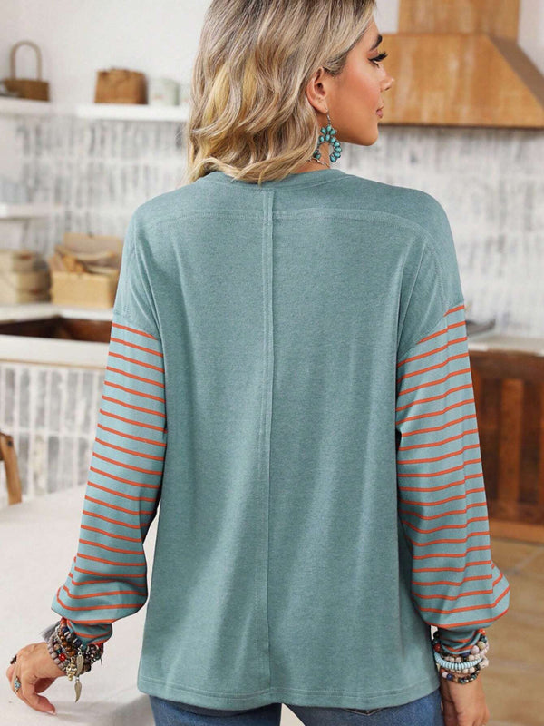 Blue Zone Planet |  Pullover round neck striped contrast long-sleeved T-shirt BLUE ZONE PLANET