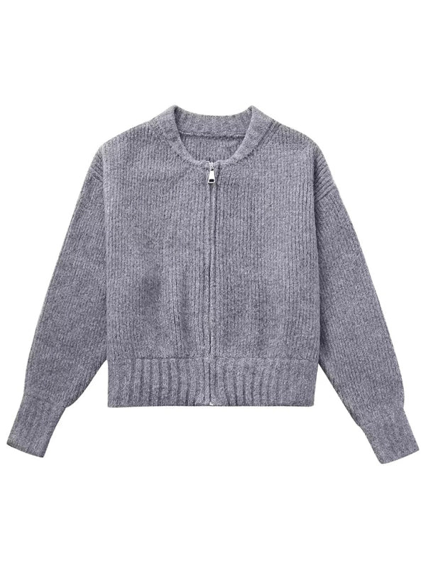 New able stand collar solid color loose zipper knitted cardigan sweater-[Adult]-[Female]-2022 Online Blue Zone Planet