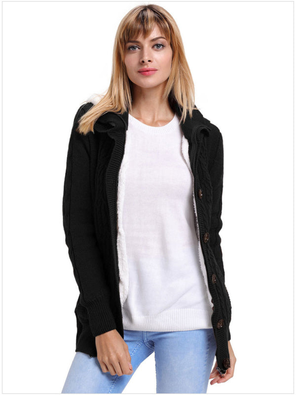 Women's warm casual hooded long-sleeved cardigan knitted-[Adult]-[Female]-Black-S-2022 Online Blue Zone Planet