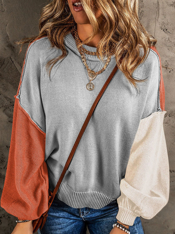 Blue Zone Planet | Women's Casual Style Versatile Contrast Color Pullover Sweater-TOPS / DRESSES-[Adult]-[Female]-Grey-S-2022 Online Blue Zone Planet