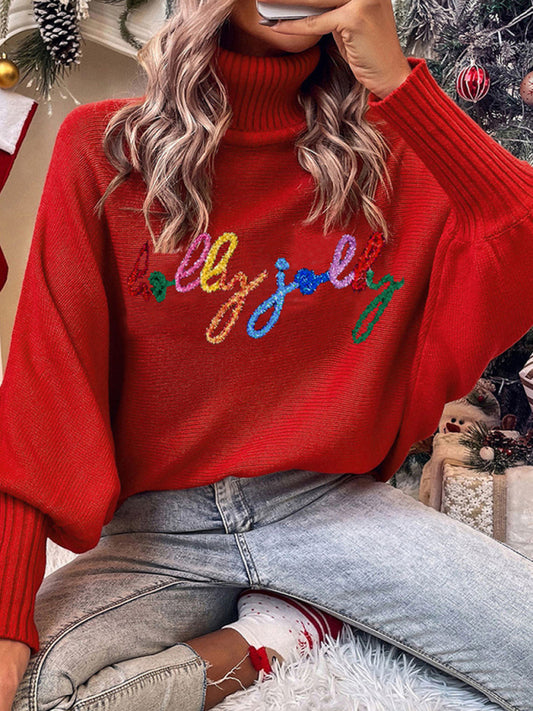 Women's pullover turtleneck long sleeve letter print sweater-[Adult]-[Female]-Red-S-2022 Online Blue Zone Planet