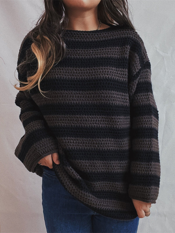 Blue Zone Planet | loose one-line collar striped long-sleeved knitted pullover sweater-TOPS / DRESSES-[Adult]-[Female]-2022 Online Blue Zone Planet