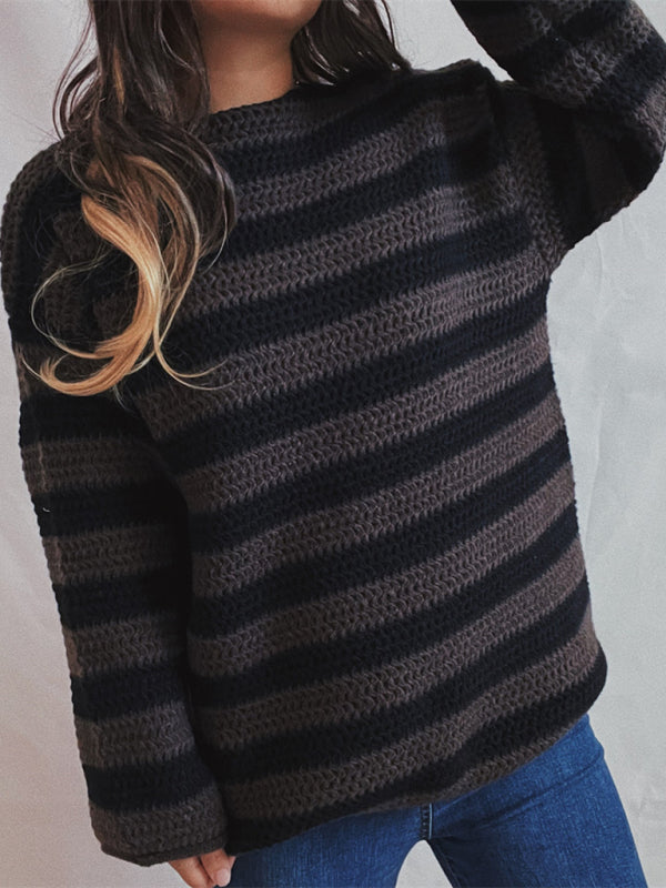 Blue Zone Planet | loose one-line collar striped long-sleeved knitted pullover sweater-TOPS / DRESSES-[Adult]-[Female]-2022 Online Blue Zone Planet