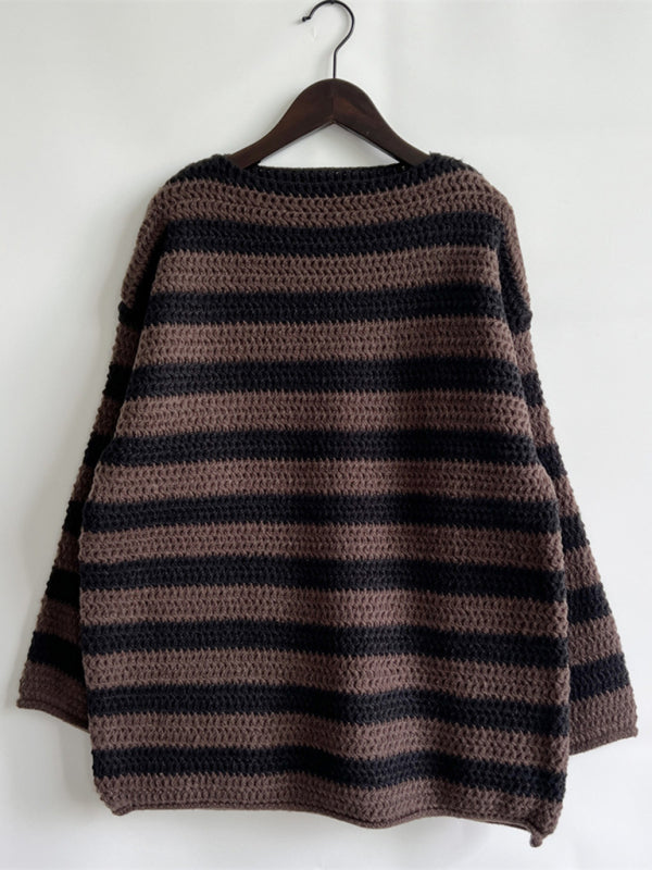 Blue Zone Planet | loose one-line collar striped long-sleeved knitted pullover sweater-TOPS / DRESSES-[Adult]-[Female]-2022 Online Blue Zone Planet