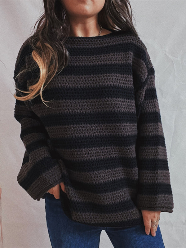 Blue Zone Planet | loose one-line collar striped long-sleeved knitted pullover sweater-TOPS / DRESSES-[Adult]-[Female]-Black-S-2022 Online Blue Zone Planet