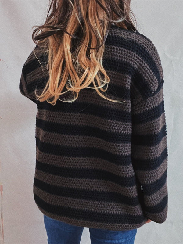 Blue Zone Planet | loose one-line collar striped long-sleeved knitted pullover sweater-TOPS / DRESSES-[Adult]-[Female]-2022 Online Blue Zone Planet